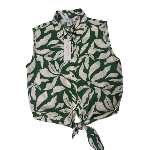 RACHEL ZOE NWT XS Green White Tropical Leaf Print Tie Front Shirt - Picture 2 of 5